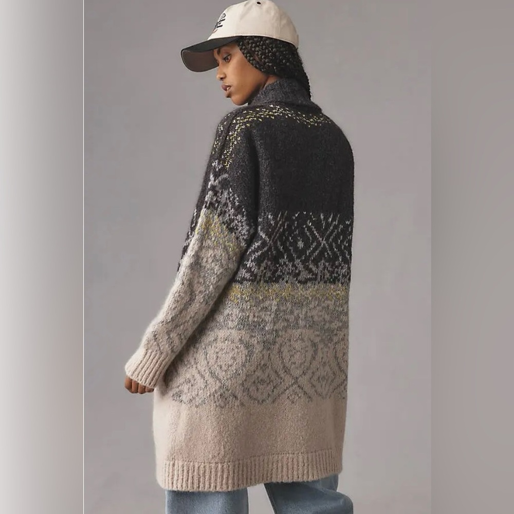NWT Pilcro Fairisle Open Front Wool Blend Cardigan Anthro Black Tan Size S